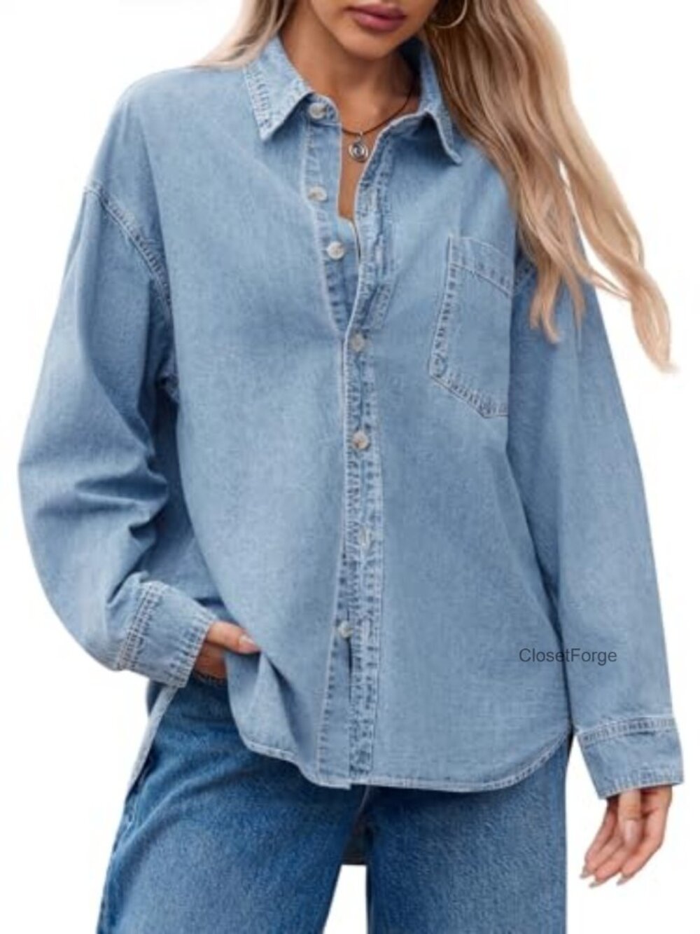 Oversized Denim Shirt Jacket Cotton Long Sleeve Button Down - Picture 2 of 6